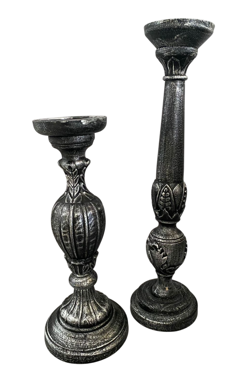 Castiçal Madeira folha prata envelhecida